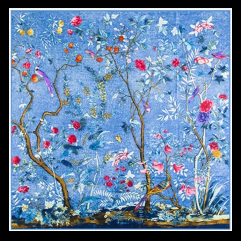 Stort kvadratisk Silke Tørklæde - Blå Blomsterbusk