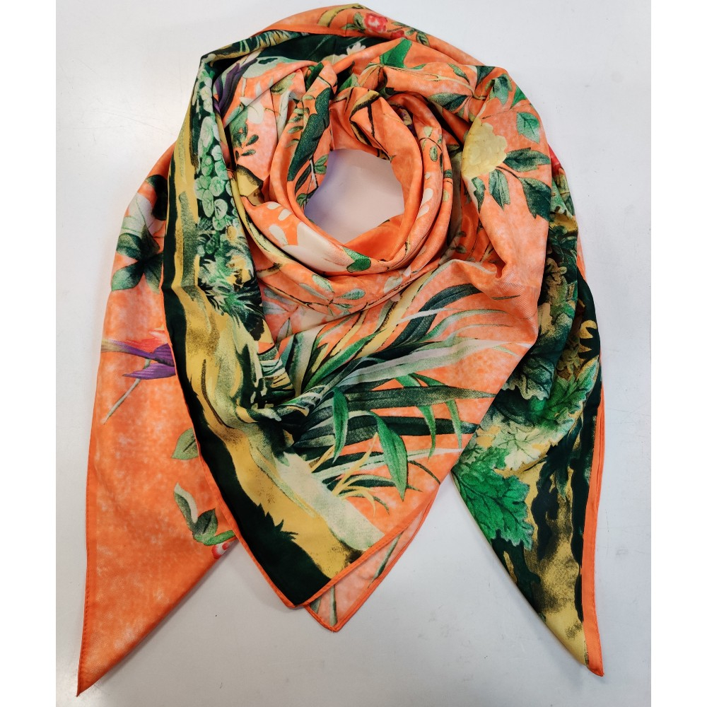 Stort kvadratisk Silke Tørklæde - Orange Blomsterbusk