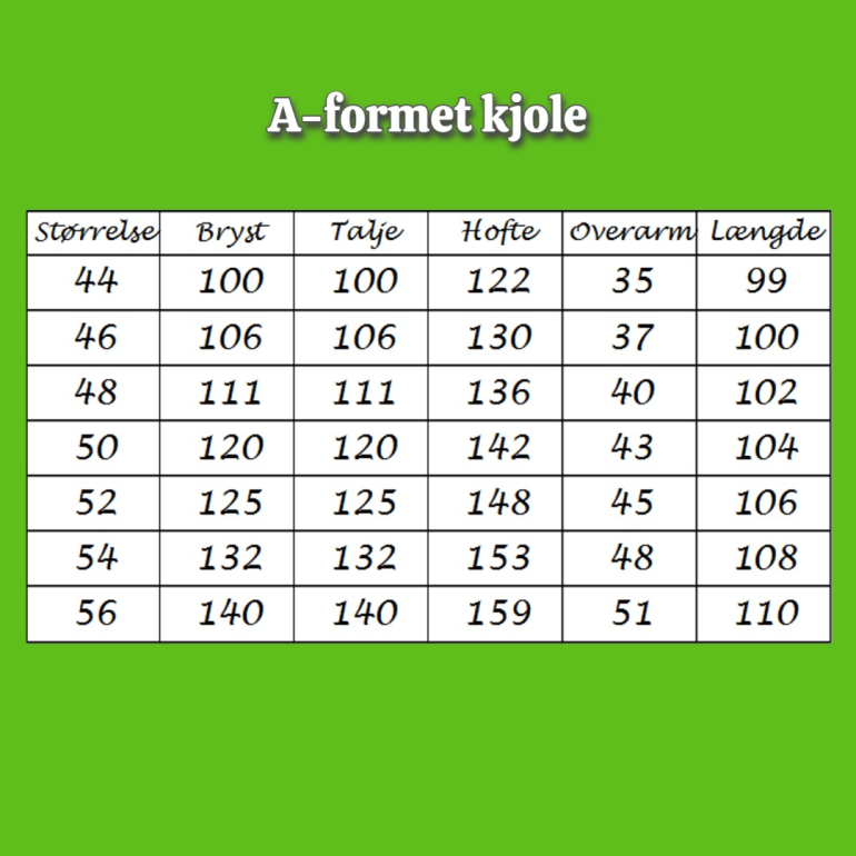 Størrelsesskema A-formet Kjole i store størrelser fra Amamiko.