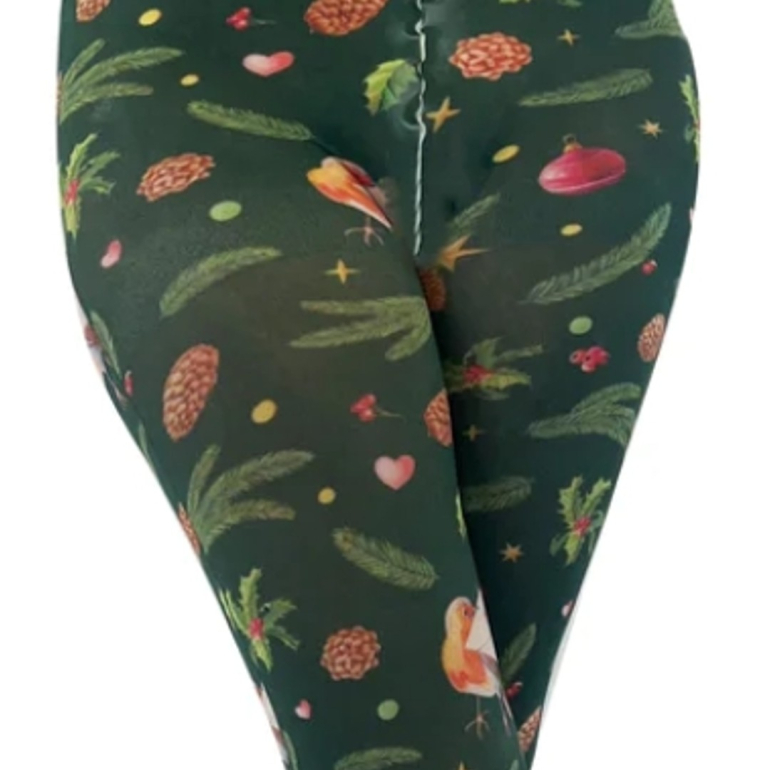 Christmas Robin Green Curvy Super Stretch Plus size Strømpebukser