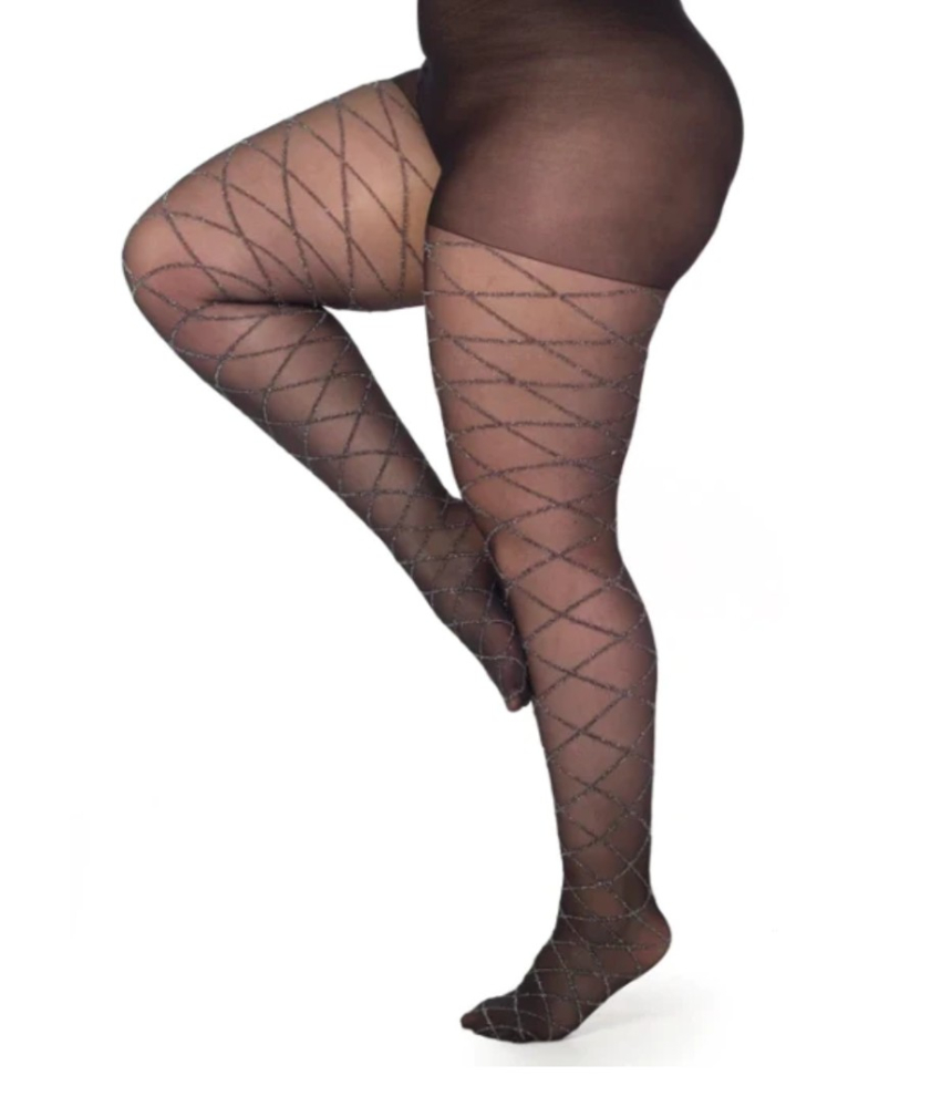 Argyle Silver/Black Curvy Super Stretch Plus size glimmer Strømpebukser. Pamela Mann