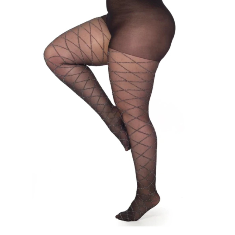 Argyle Silver/Black Curvy Super Stretch Plus size glimmer Strømpebukser. Pamela Mann