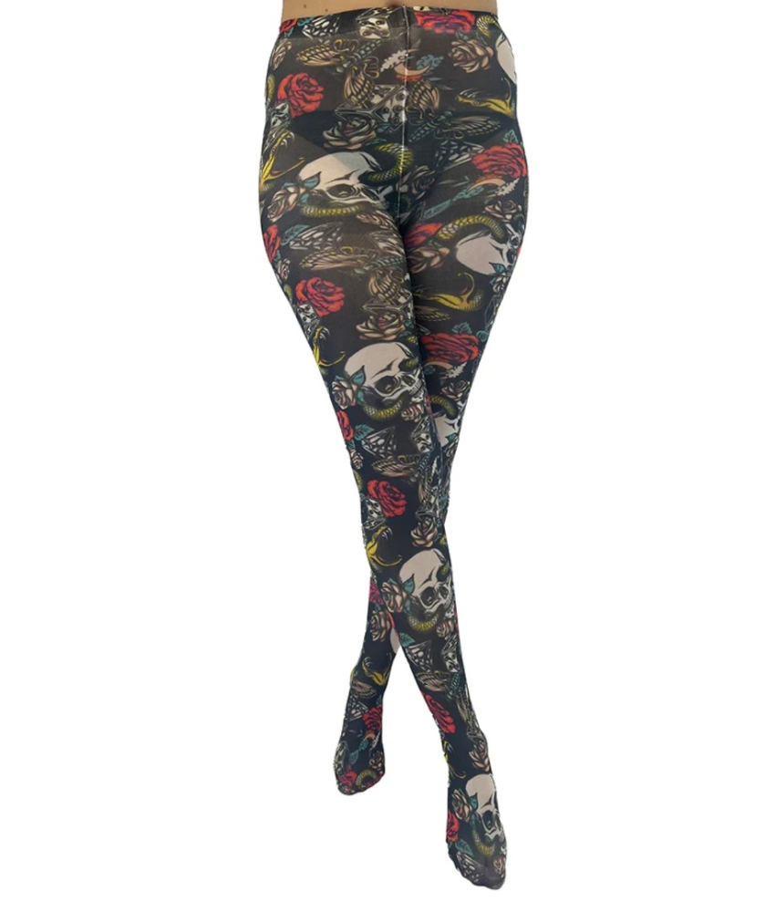 Skull and snake. Sorte plus size strømpebukser fra Pamela Mann