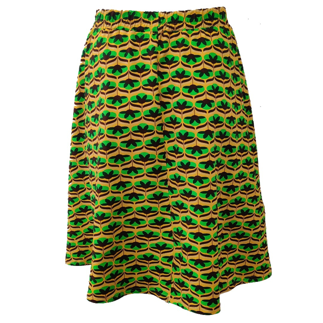 Kyoto Yellow Retro Flower. Midi Nederdel i store størrelser fra Amamiko.