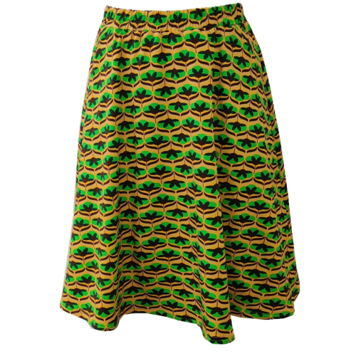 Kyoto Yellow Retro Flower. Midi Nederdel i store størrelser fra Amamiko.