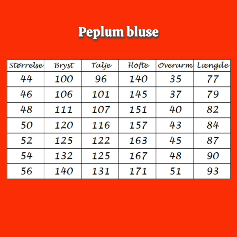 Størrelsesguide til Peplum bluse fra Amamiko