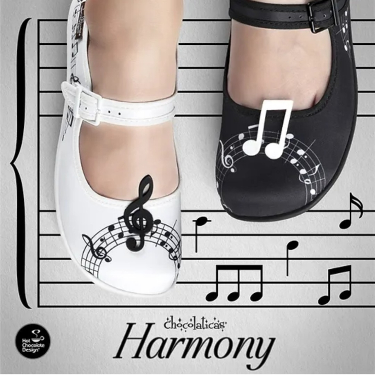 Harmony - Sort hvide Mary Jane Sko med noder fra Hot Chocolate Design