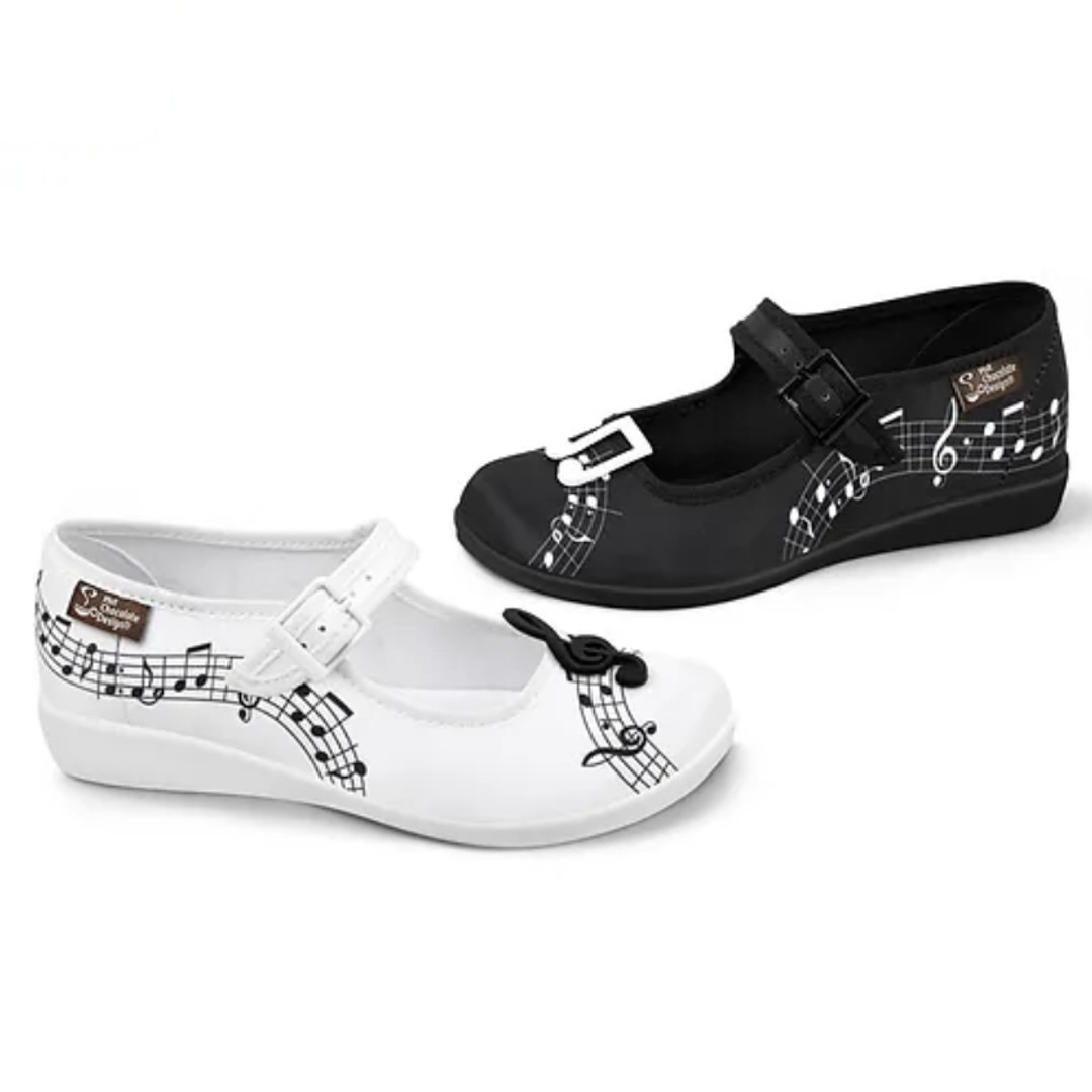 Harmony - Sort hvide Mary Jane Sko med noder fra Hot Chocolate Design