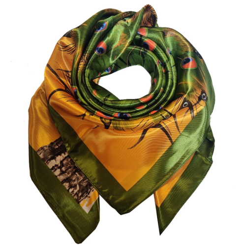 Kvadratisk tørklæde i blank satin. Gul Påfugl