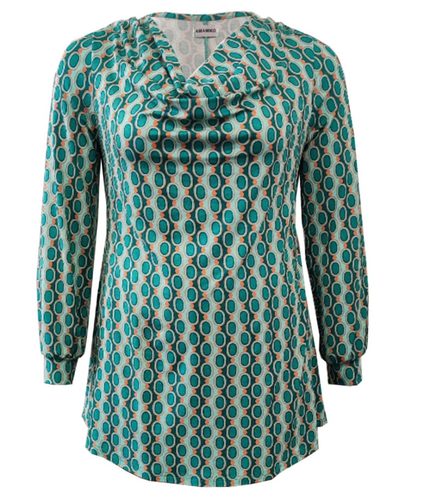 Natsu Retro Pearls Turquoise. Turkis plus size bluse med vandfald