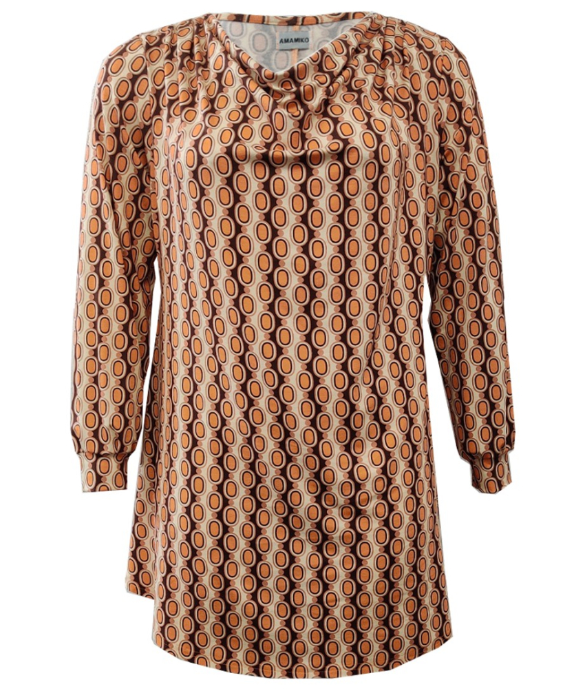 Natsu Retro Pearls Cognac. Plus size bluse med vandfald