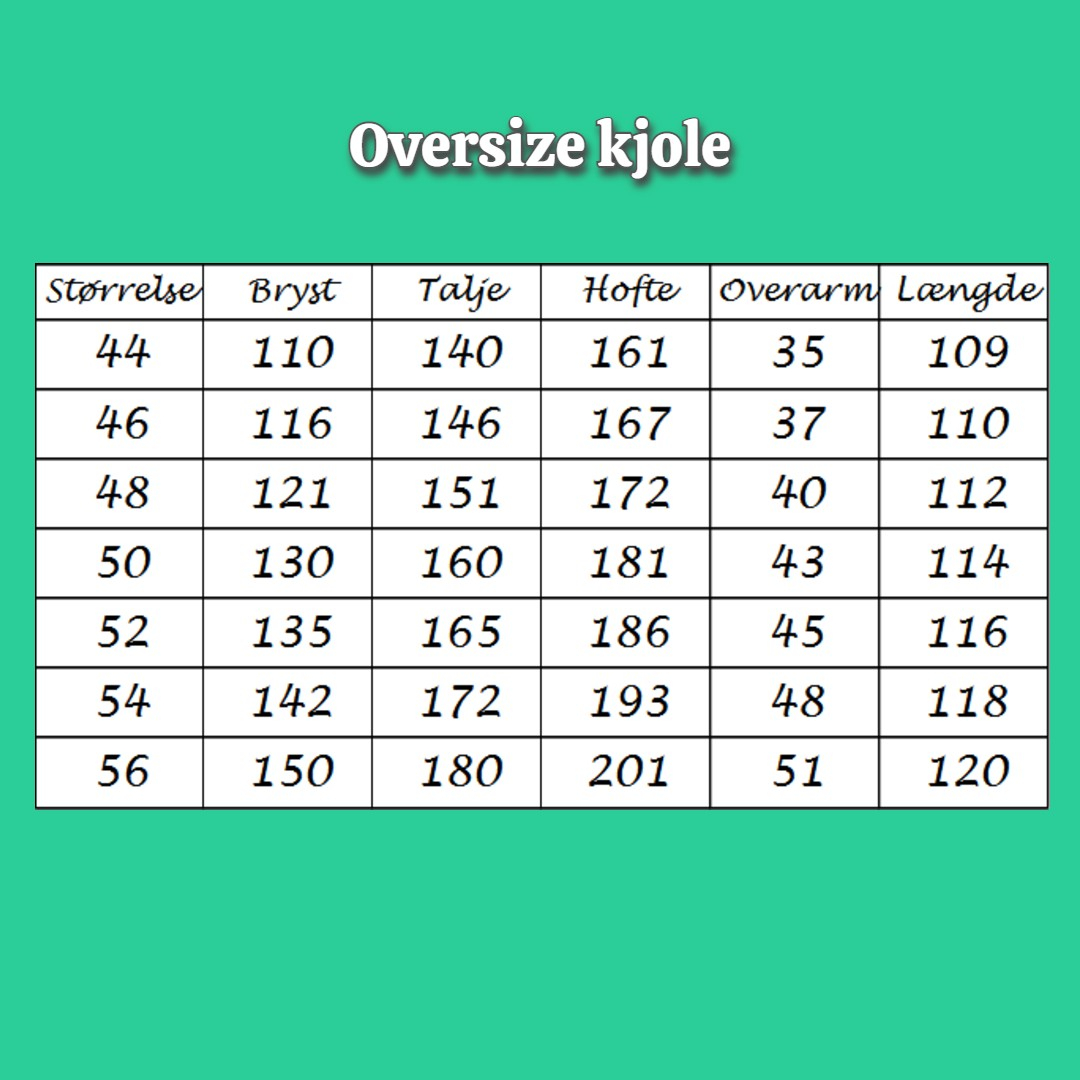 Størrelsesguide løssiddende plus size kjole fra Amamiko