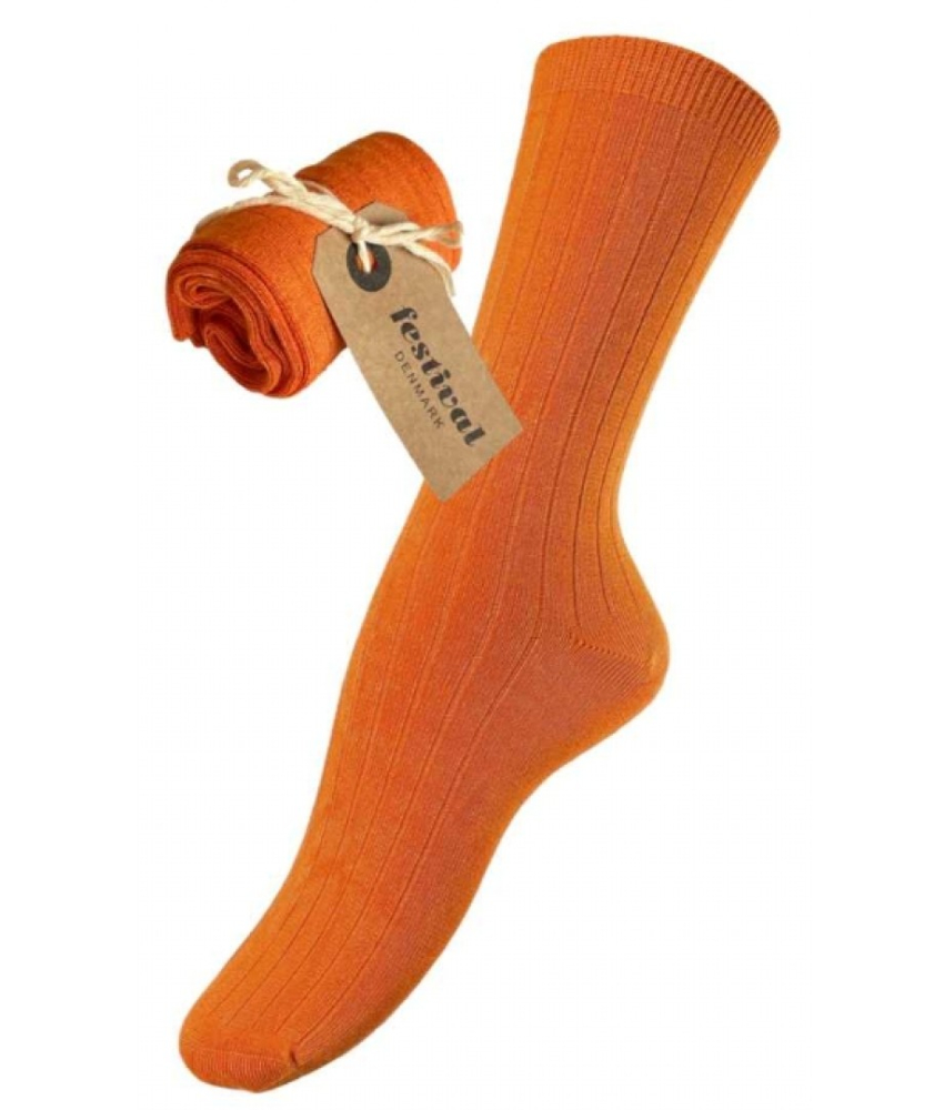 Orange ribstrikket bambus strømper fra Festival