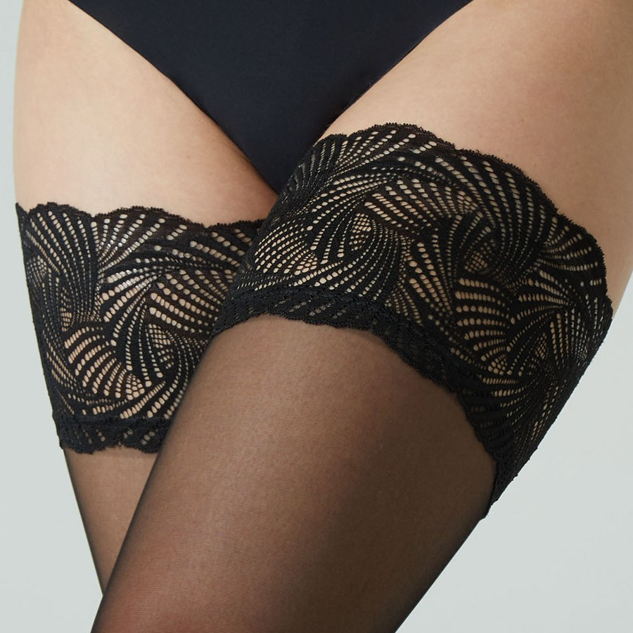 Sorte selvsiddende Plus Size strømper - Versailles 20 denier