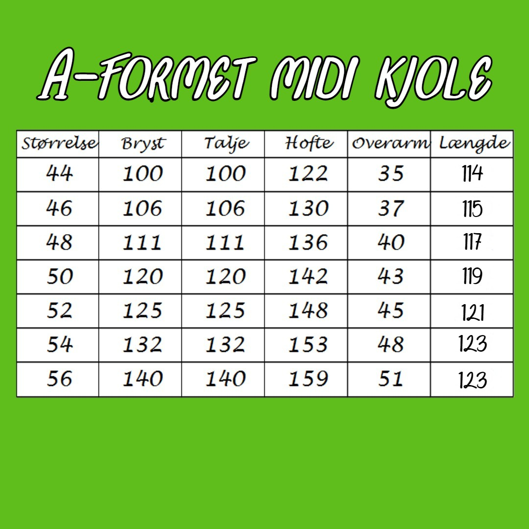 Størrelsesguide A-formet plus size midi kjole fra Amamiko