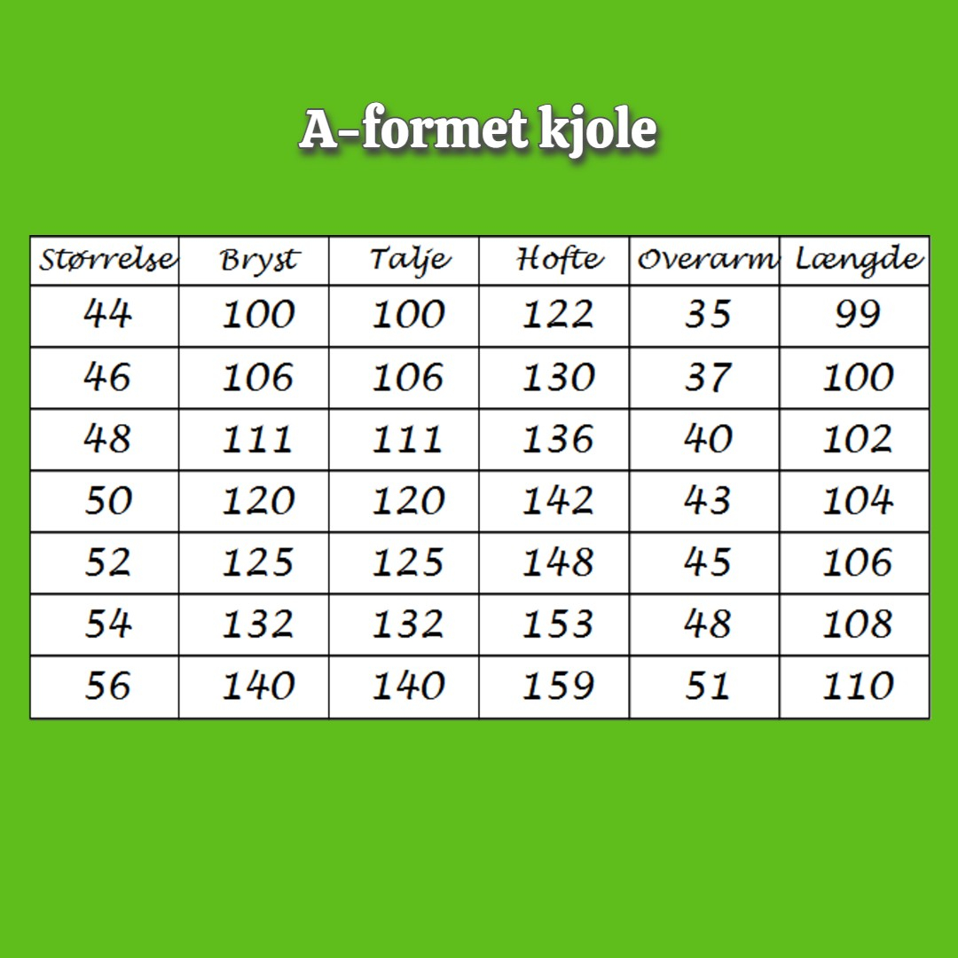 Størrelsesguide A-formet plus size kjole fra Amamiko