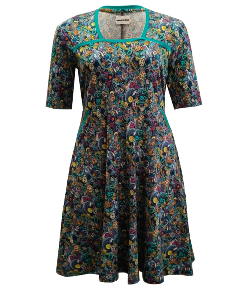 Turkis plus size kjole med rumraketter og planeter - Genkei Space Invaders