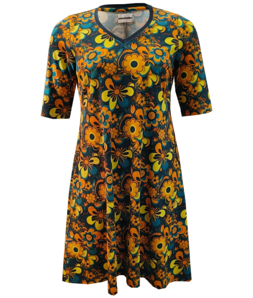 Petroleumsblå A-formet plus size kjole med retro blomster