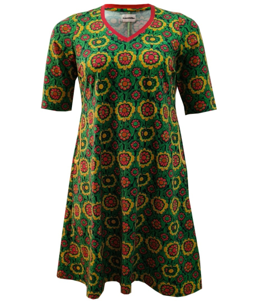 Grøn A-formet plus size kjole med retro blomster