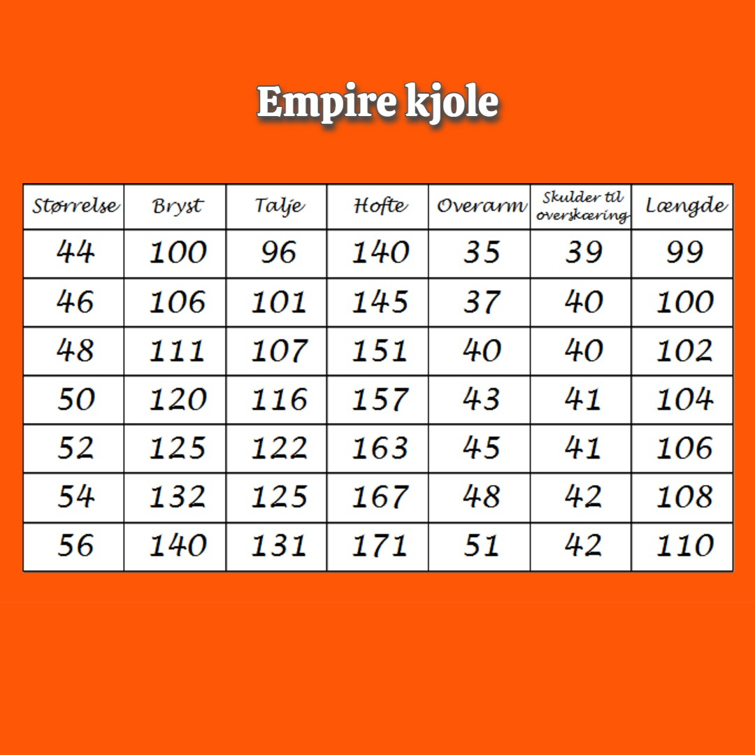 Størrelsesskema for empire kjoler i store størrelser fra Amamiko