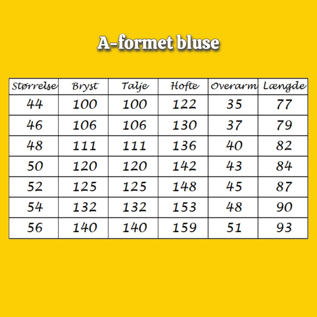 størrelses skema A-formet bluser fra Amamiko
