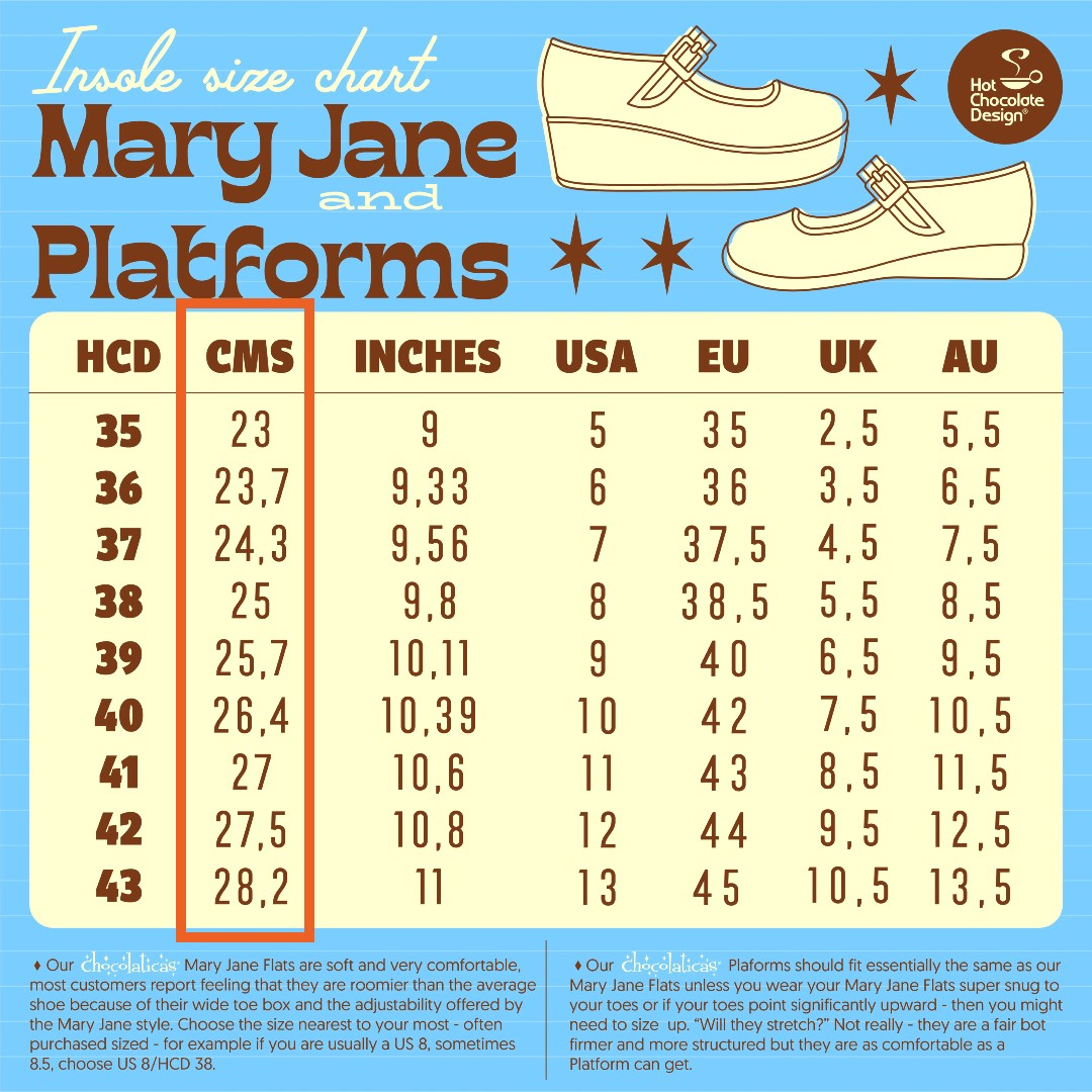 Størrelses skema Mary Jane og Platform sko fra Hot Chocolate Design
