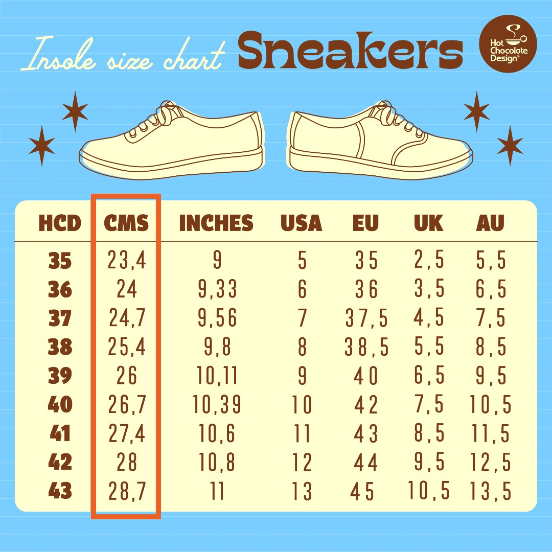 Størrelses skema sneakers fra Hot Chocolate Design