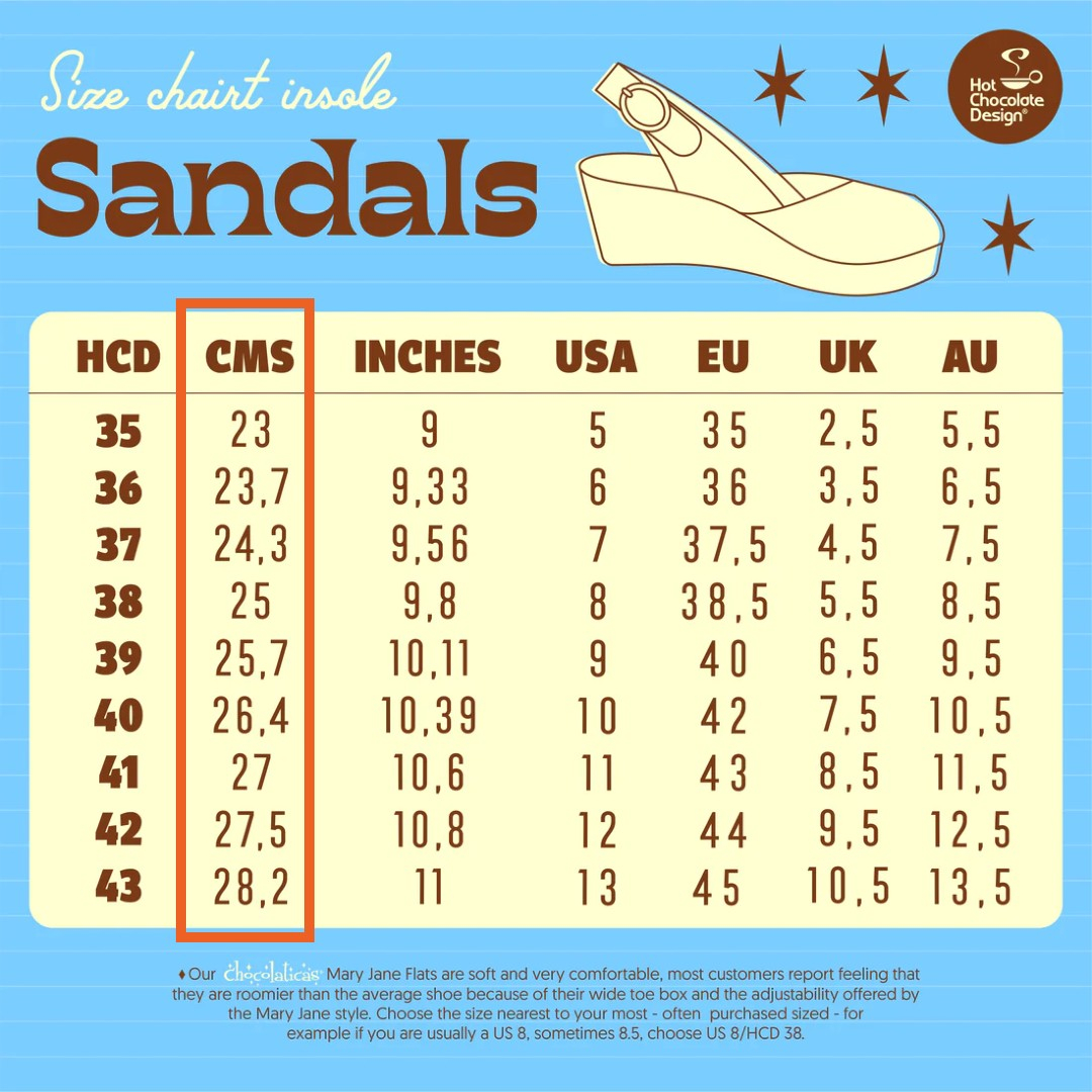 Størrelsesskema på Sandaler fra Hot Chocolate Design