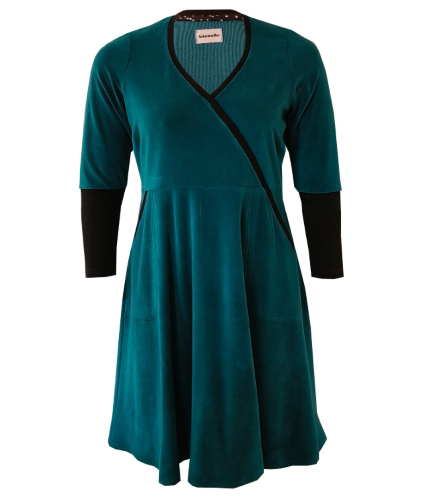 Langærmet kjole i petroleumsblå velour - Bika Petrol Velvet