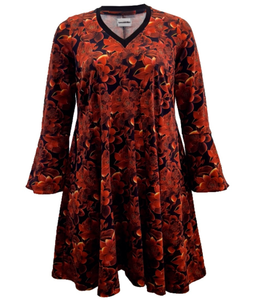 Løs Plus Size kjole med røde blomster - Emi Red Succulent