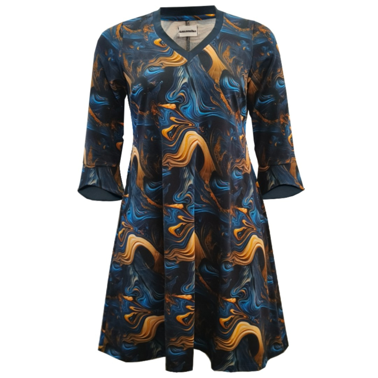 Blå og gylend A-formet plus size kjole - Tulla Midnight gold
