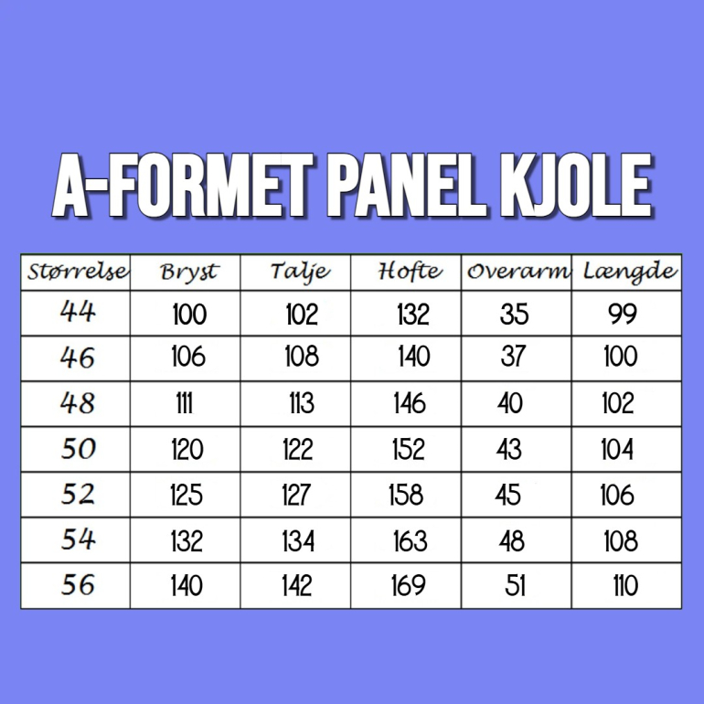 Størrelsesguide A-formet plus size kjole med paneler fra Amamiko