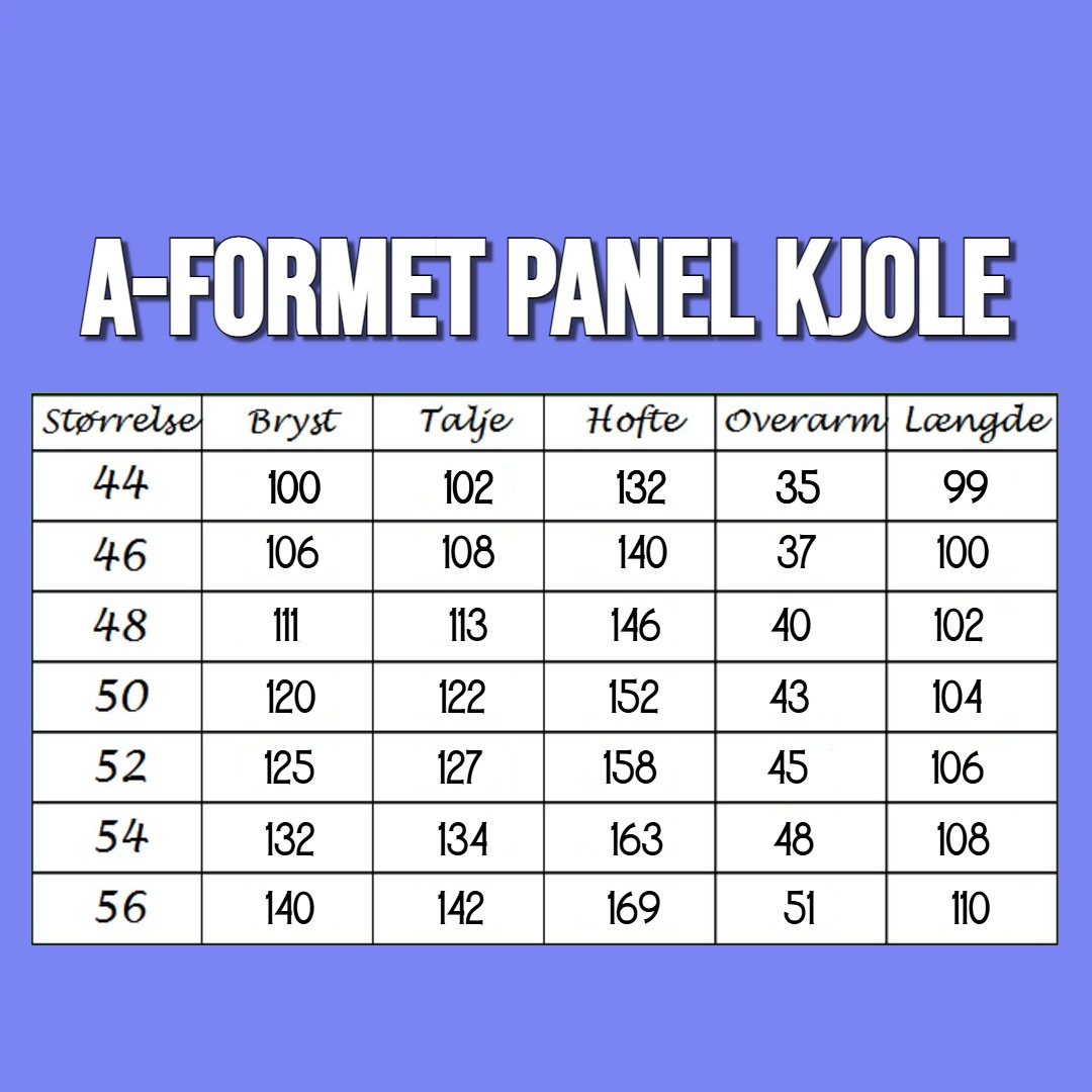 Størrelsesguide A-formet plus size kjole med paneler fra Amamiko