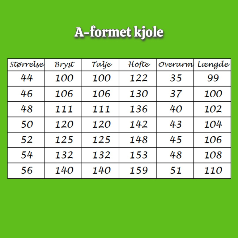 Størrelsesguide A-formet plus size kjole fra Amamiko