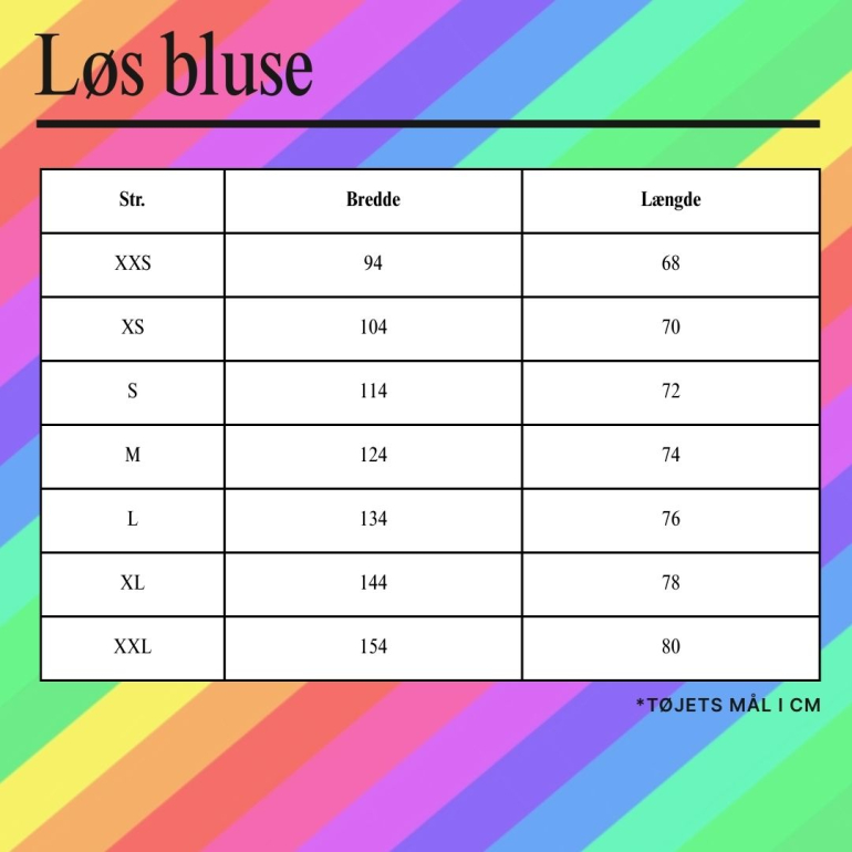 Størrelsesskema - Løstsiddende plus size bluse fra Amamiko