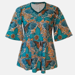 Sakura Turquoise Butterfly. A-formet bluse fra Amamiko med print af smukke sommerfugle og stiliserede blomster i turkis, kobber og gyldne nuancer
