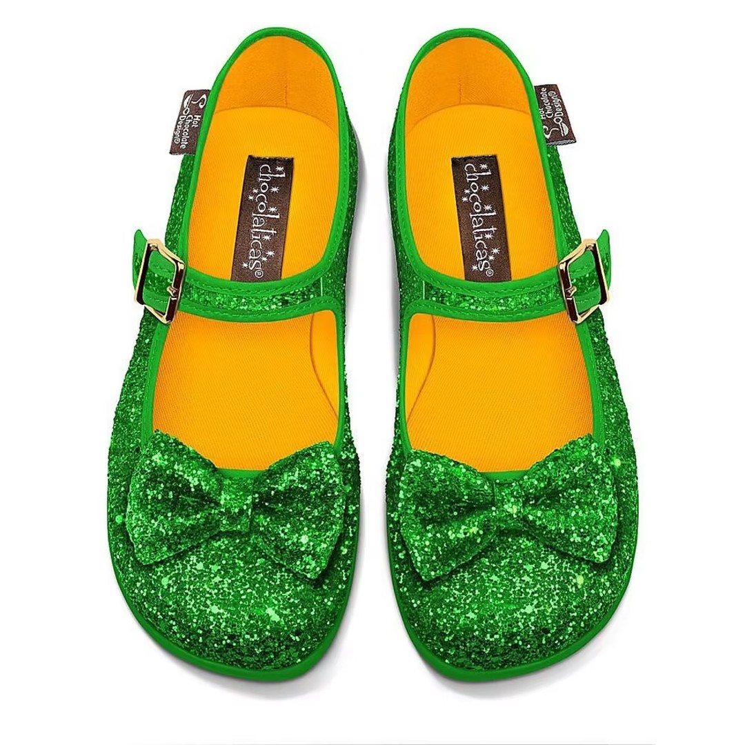 Hot Chocolate Design Emerald Mary Jane – Glitrende veganske flade sko