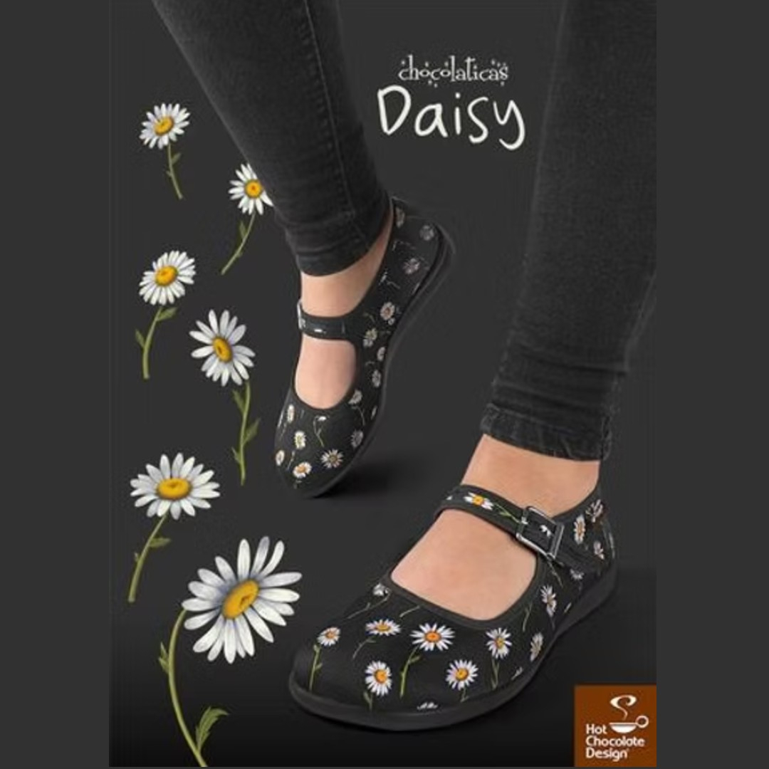 Hot Chocolate Design Daisy Mary Jane – Sorte veganske sko med margueritter