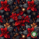 Genkei Christmas Flower julekjolen i blød økologisk bomuldsjersey. Rødt og gyldent julemotiv, firkantet udskæring, praktiske lommer og et flatterende skørt.